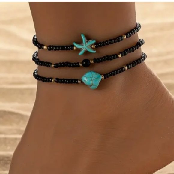 Black Beads Turquoise Ankle Bracelet Starfish - Picture 1 of 1